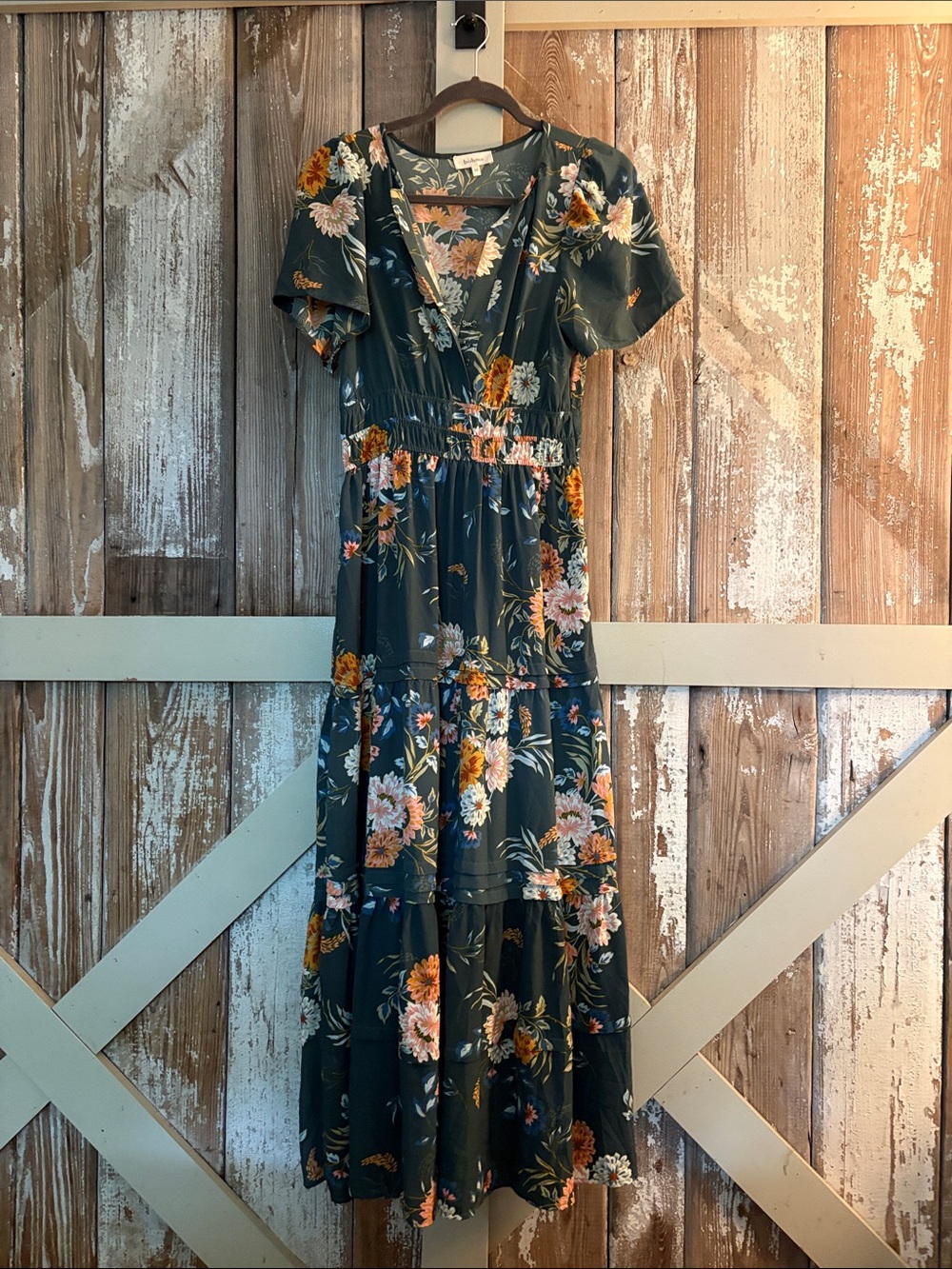 bohme Dark Teal Floral Tiered Maxi Dress with Orange Blooms